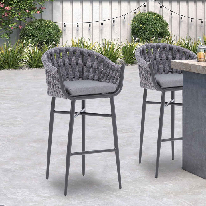 Alev Outdoor Patio Bar Chair 2 Chairs For Balcony Braided & Rope (Grey)