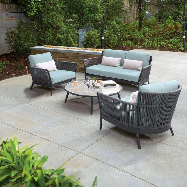 Rua Outdoor Garden Balcony Sofa Set 2 Seater , 2 Single Seater 1 Center Table Set (Dark Grey) Braided and Rope