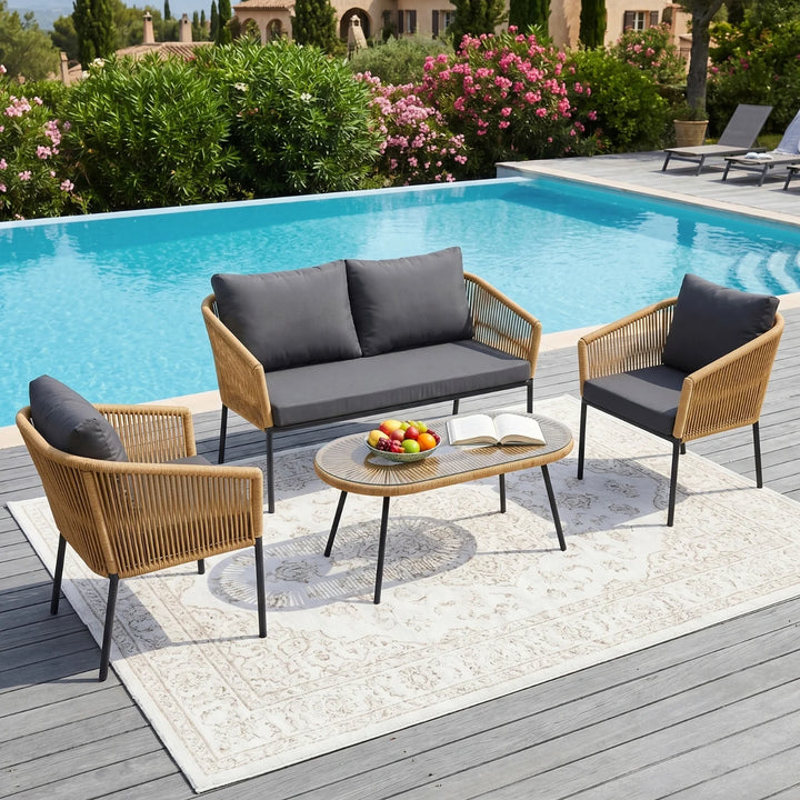 Puffen Outdoor Garden Balcony Sofa Set 2 Seater , 2 Single Seater 1 Center Table Set Braided and Rope