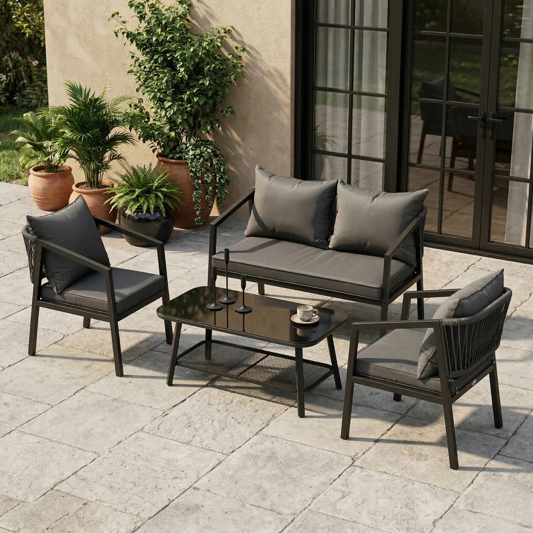 Siti Outdoor Garden Balcony Sofa Set 2 Seater , 2 Single Seater 1 Center Table Set (Black) Braided and Rope