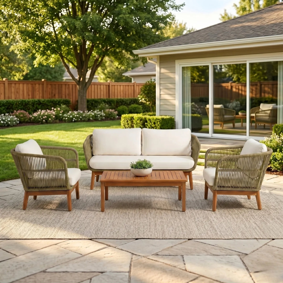 Gala Outdoor Garden Balcony Sofa Set 2 Seater , 2 Single Seater 1 Center Table Set (Cream) Teak Wood and Braided & Rope