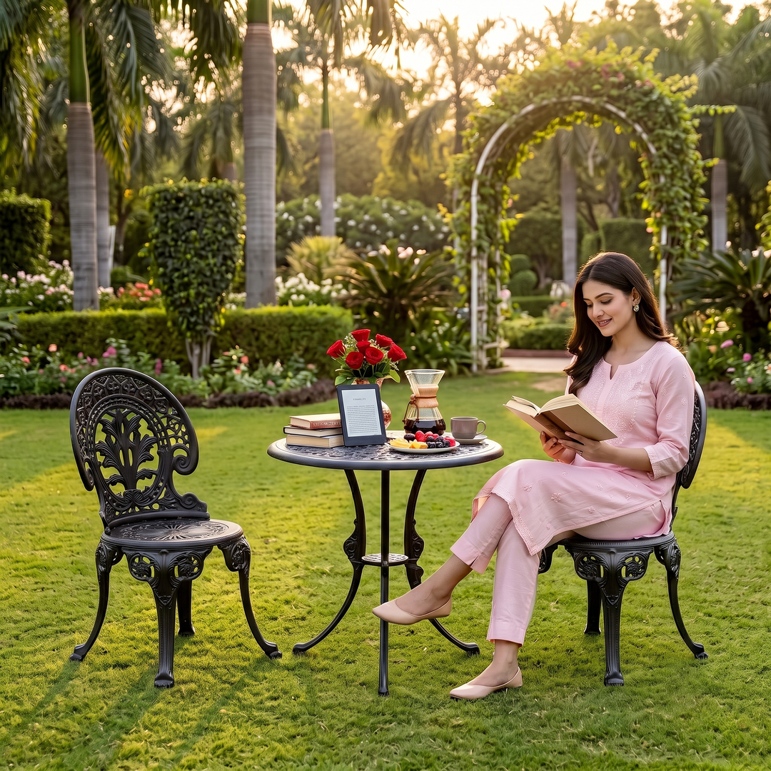 Ziska Cast Aluminium Garden Patio Seating 2 Chair and 1 Table Set (Black)