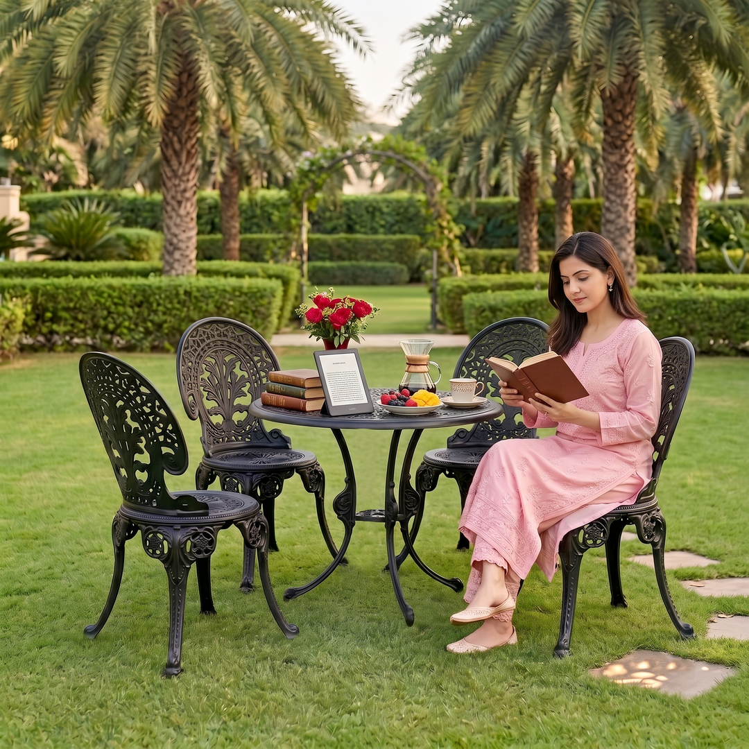 Nikola Cast Aluminium Garden Patio Seating 4 Chair and 1 Table Set (Black)