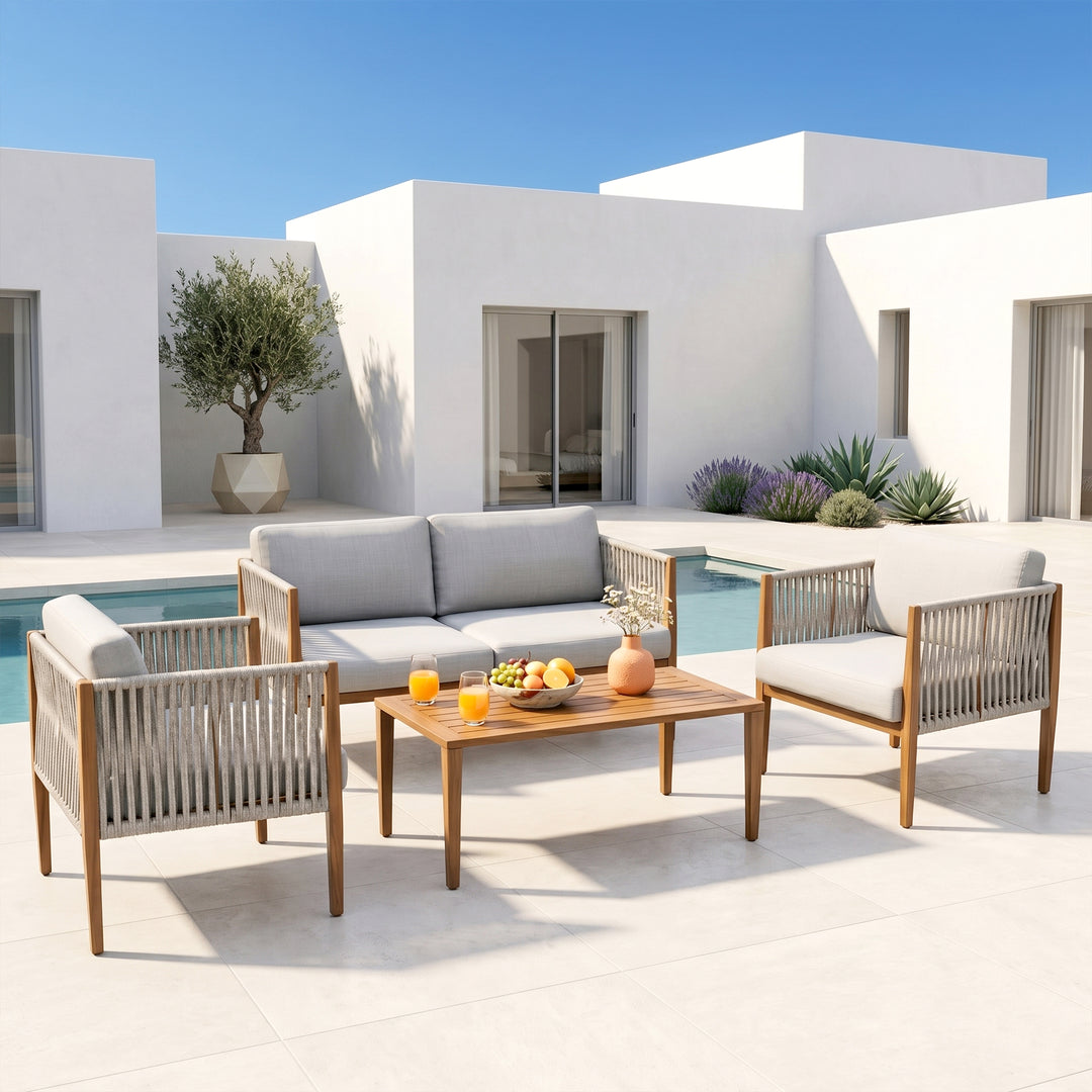Luna Outdoor Garden Balcony Sofa Set 2 Seater , 2 Single Seater 1 Center Table Set (Grey) Braided and Rope