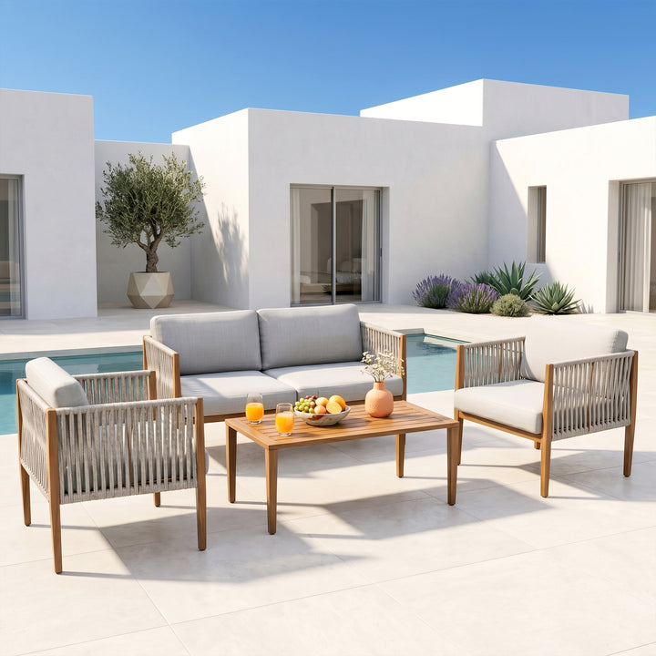 Luna Outdoor Garden Balcony Sofa Set 2 Seater , 2 Single Seater 1 Center Table Set (Grey) Braided and Rope
