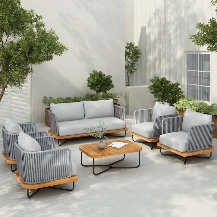 Arria Outdoor Garden Balcony Sofa Set 2 Seater,4 Single Seater With 1 Table Set, Braid & Rope (Grey + Grey)