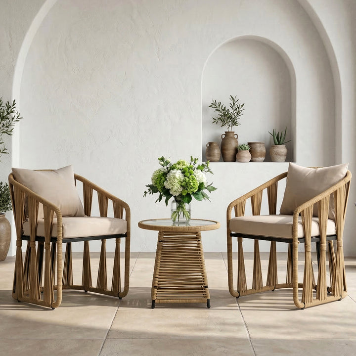 Varqo Outdoor Patio Seating Set 2 Chairs and 1 Table Set Braided & Rope