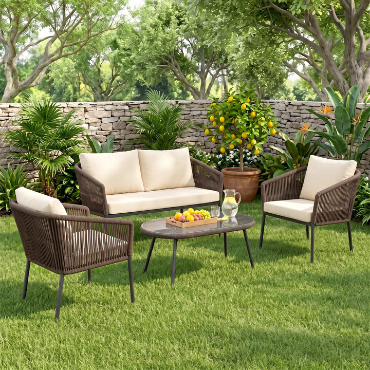 Puffen Outdoor Garden Balcony Sofa Set 2 Seater , 2 Single Seater 1 Center Table Set Braided and Rope