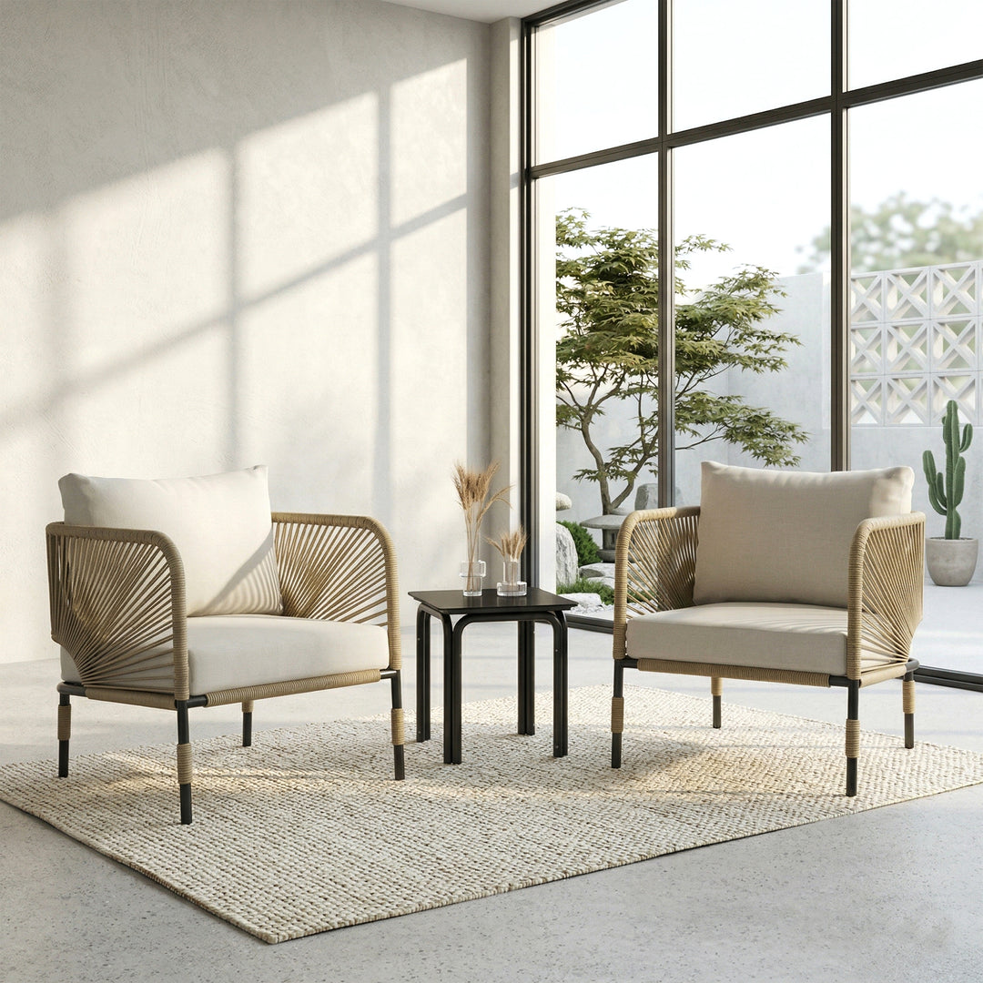 Madera Outdoor Patio Seating Set 2 Chairs and 1 Table Set (Beige) Braided & Rope