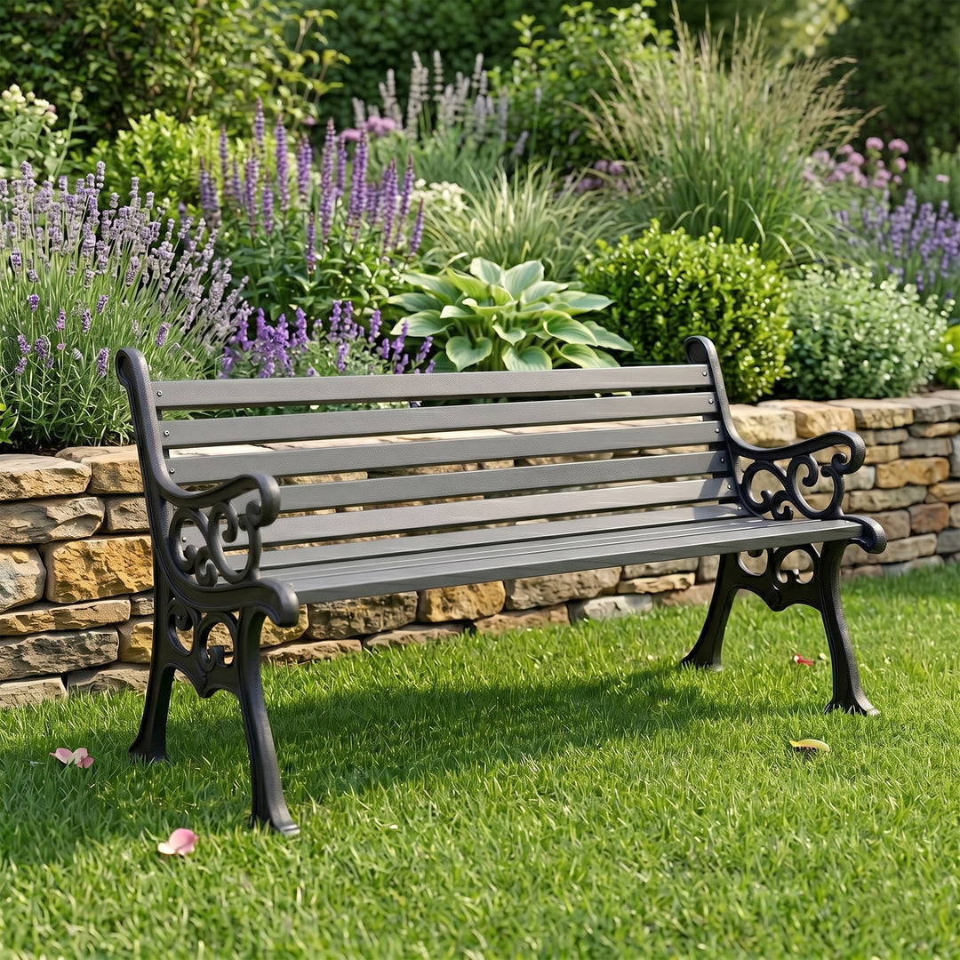 Wick Cast Iron 3 Seater Garden Bench for Outdoor Park - (Black + Grey)