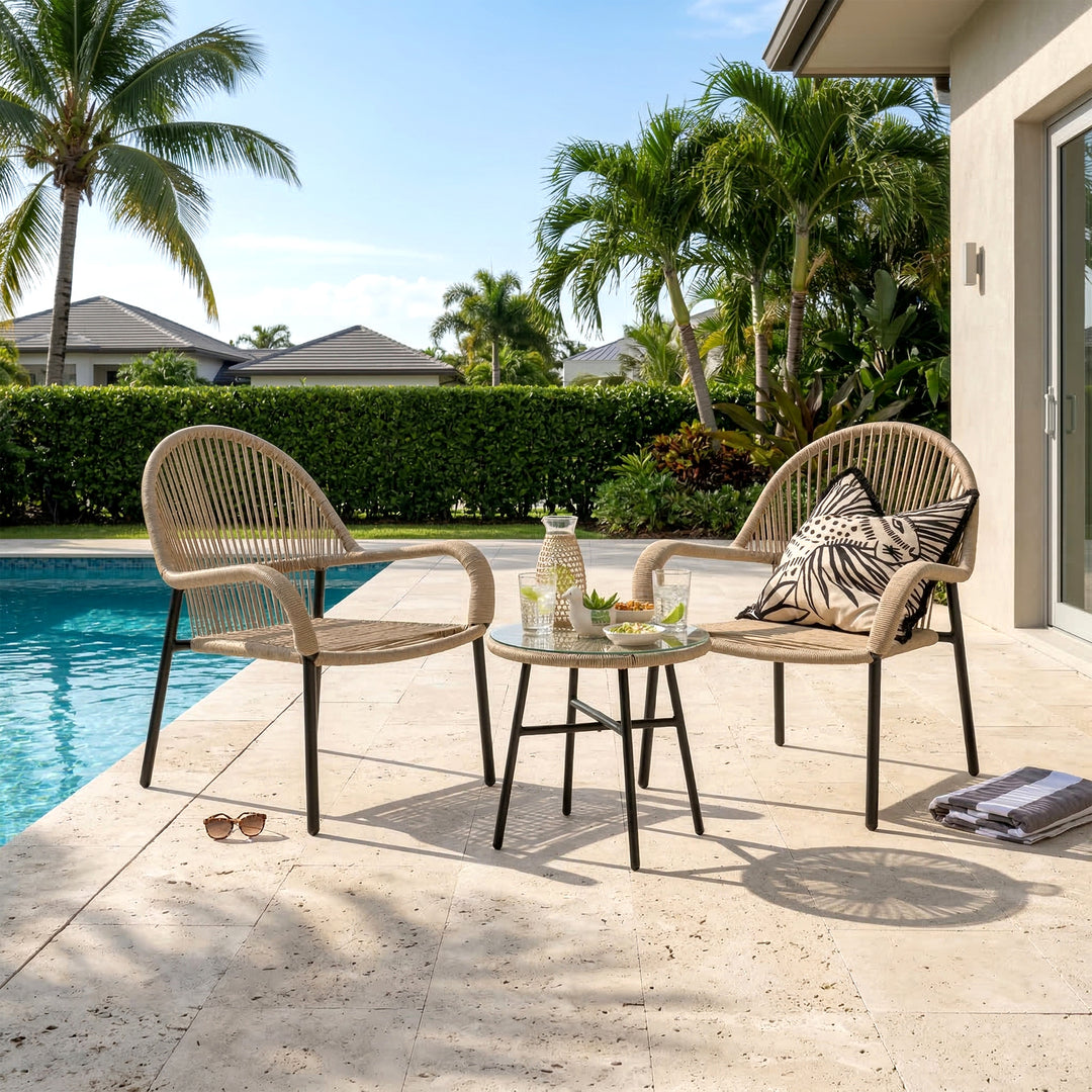 Kivas Outdoor Patio Seating Set 2 Chairs and 1 Table Set (Beige) Braided & Rope