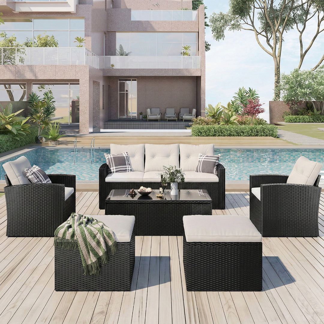 Vibo Outdoor Garden Balcony Sofa Set 3 Seater, 2 Single seater, 2 Ottoman and 1 Center Table Conversation Set (Black)
