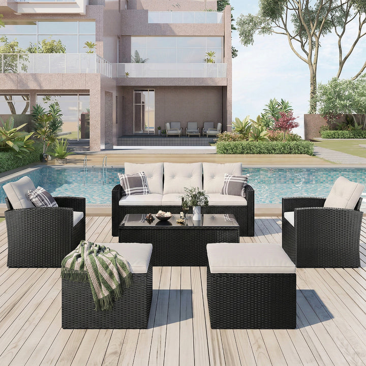 Vibo Outdoor Garden Balcony Sofa Set 3 Seater, 2 Single seater, 2 Ottoman and 1 Center Table Conversation Set (Black)