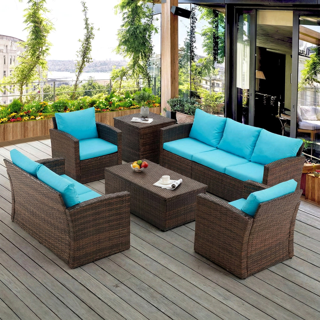 Coye Outdoor Garden Balcony Sofa Set 3 Seater, 2 Seater With 2 Single Seater and 1 Center Table With 1 Side Table Set (Brown)