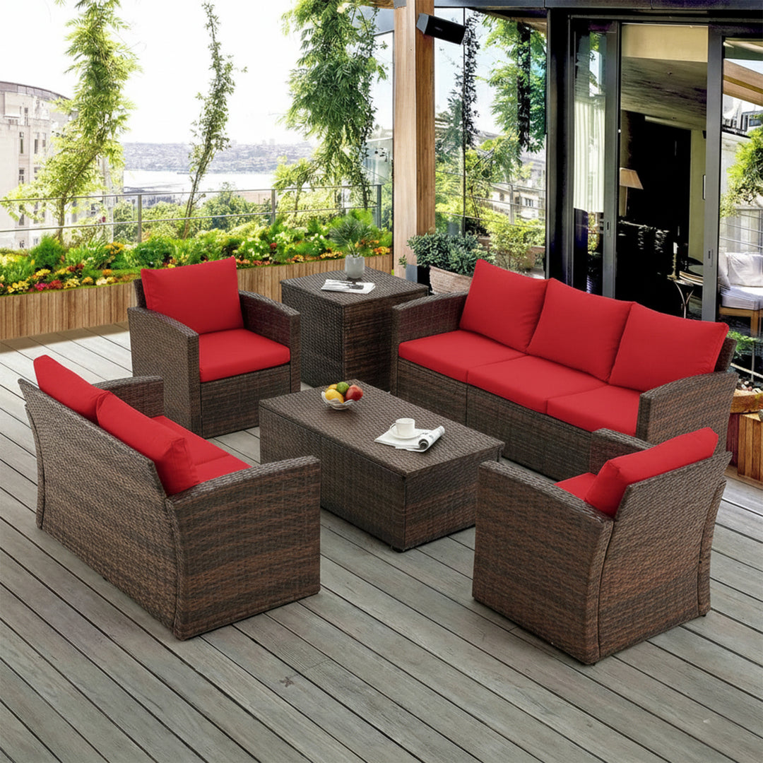 Coye Outdoor Garden Balcony Sofa Set 3 Seater, 2 Seater With 2 Single Seater and 1 Center Table With 1 Side Table Set (Brown)