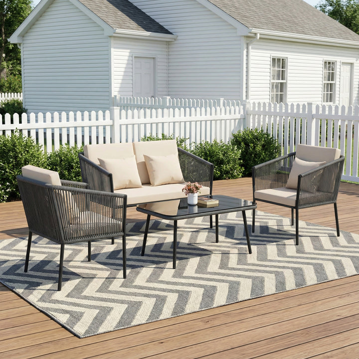 Parna Outdoor Garden Balcony Sofa Set 2 Seater , 2 Single Seater 1 Center Table Set Braided and Rope