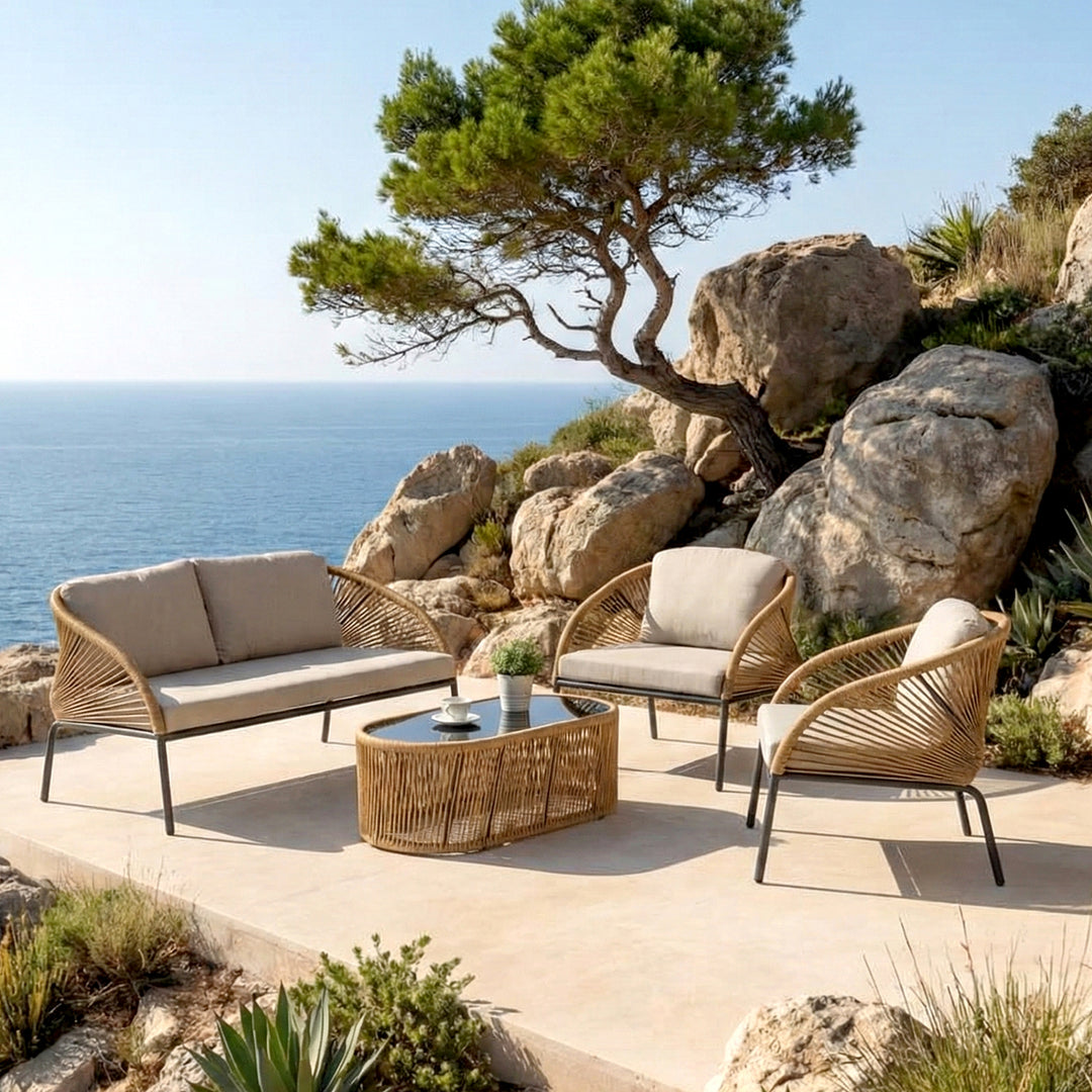 Willa Outdoor Sofa Set 2 Seater , 2 Single seater and 1 Center Table Set (Beige) Braided & Rope