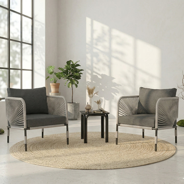 Werner Outdoor Patio Seating Set 2 Chairs and 1 Table Set (GREY) Braided & Rope