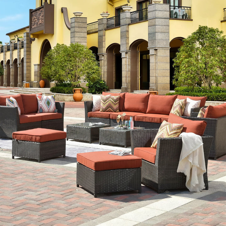 Nura Outdoor Garden Balcony Sofa Set  4 Seater, 2 seater,  2 Single Seater with 2 ottoman and 2 Center Table Set (Brown)