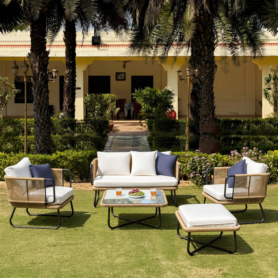 Elix Outdoor Sofa Set 2 Seater, 2 Single seater and 1 Center Table with ottoman (Beige) Braided & Rope
