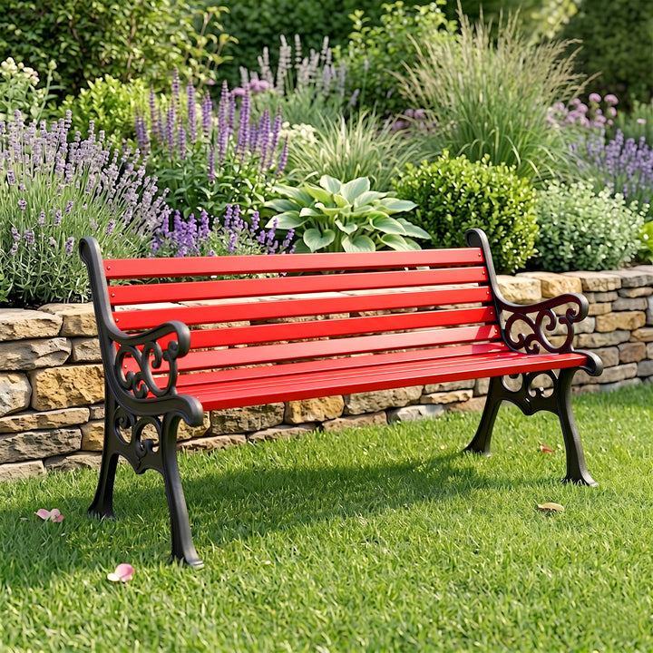 Rely Cast Iron 3 Seater Garden Bench for Outdoor Park - (Black + Red)