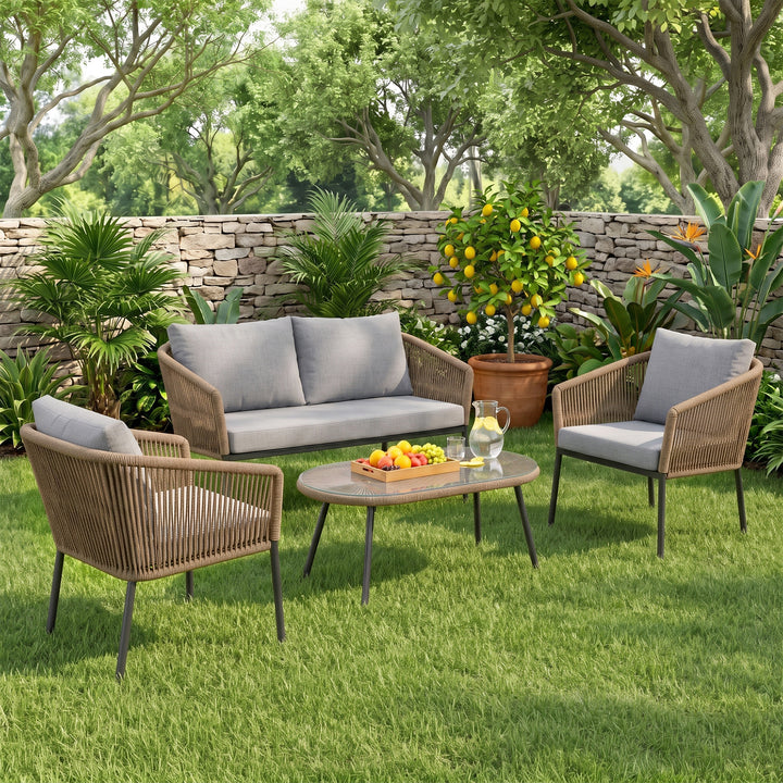 Puffen Outdoor Garden Balcony Sofa Set 2 Seater , 2 Single Seater 1 Center Table Set Braided and Rope