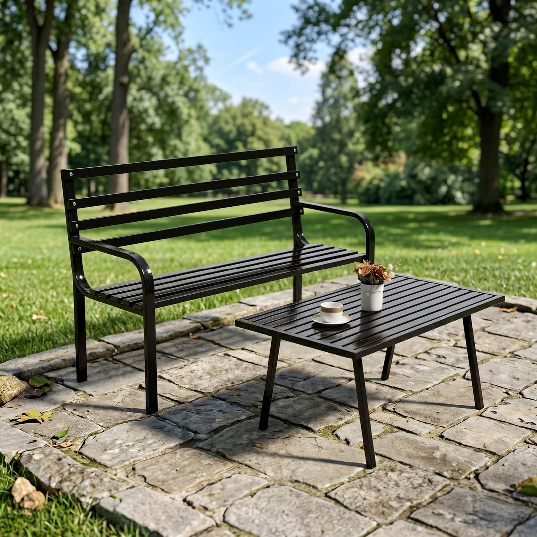 Carrillo Metal 2 Seater and 1 Table Garden Bench for Outdoor Park - (Black)