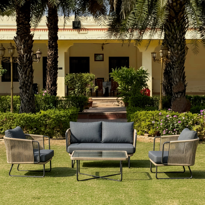 Belle Outdoor Garden Balcony Sofa Set 2 Seater , 2 Single Seater 1 Center Table Set (Dark Grey) Braided and Rope