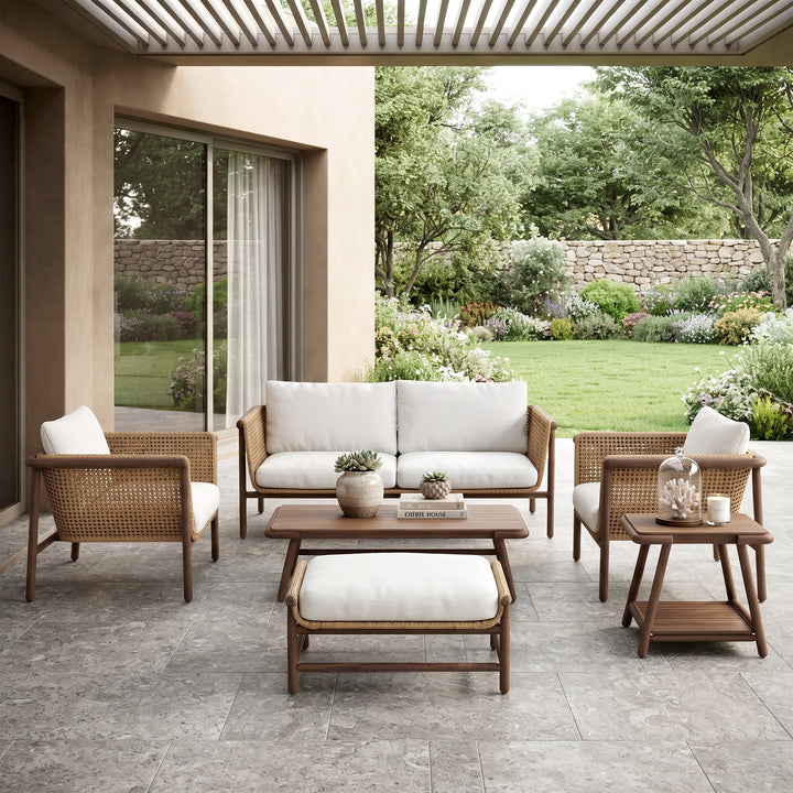Zamioma Outdoor Garden Balcony Sofa Set 2 Seater, 2 Single seater, 1 Ottoman, 1 Coffee Table and 1 Side Table Conversation Set (Honey)