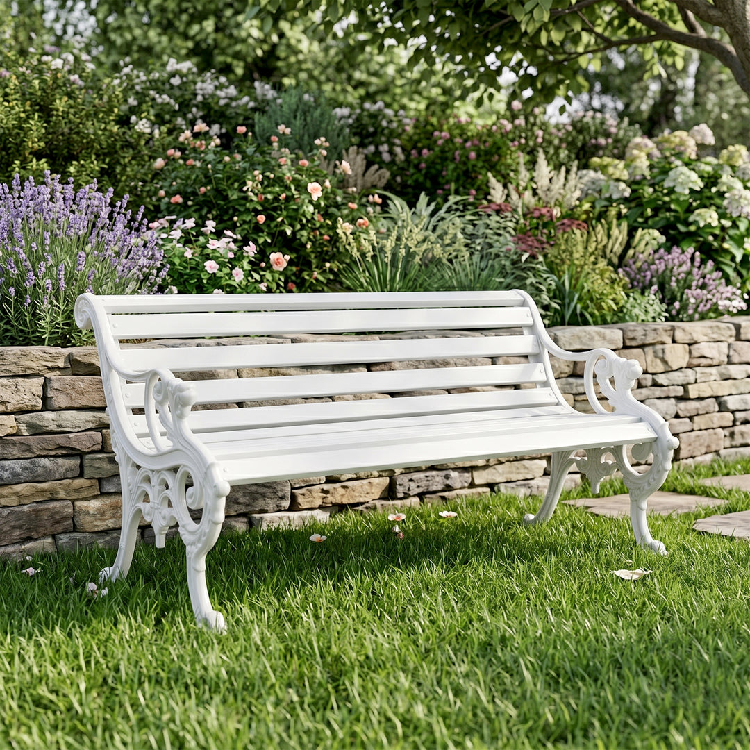Zahraa Cast Iron 3 Seater Garden Bench for Outdoor Park - (White)