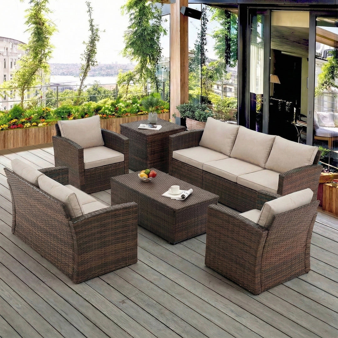 Coye Outdoor Garden Balcony Sofa Set 3 Seater, 2 Seater With 2 Single Seater and 1 Center Table With 1 Side Table Set (Brown)