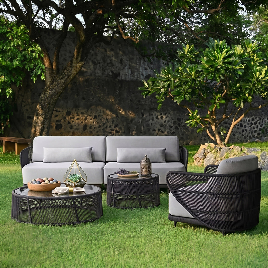 Zym Folk Outdoor Garden Balcony Sofa Set 3 Seater , 1 Single Seater 1 Center Table 1 Side Table Set (Grey) Braided and Rope