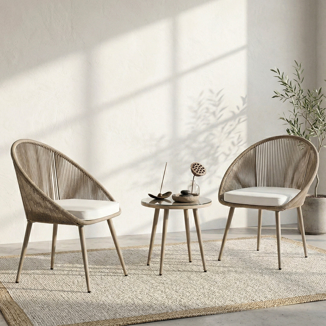 Molo Outdoor Patio Seating Set 2 Chairs and 1 Table Set (Beige) Braided & Rope