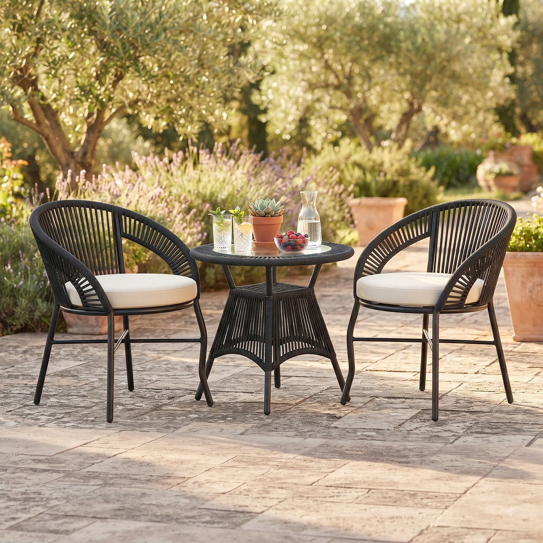 Sedan Outdoor Patio Seating Set 2 Chairs and 1 Table Set Braided & Rope