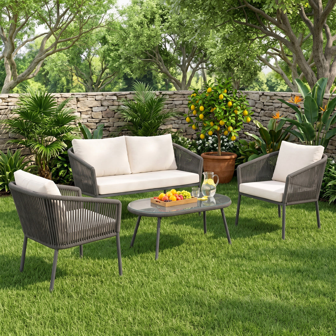 Puffen Outdoor Garden Balcony Sofa Set 2 Seater , 2 Single Seater 1 Center Table Set Braided and Rope