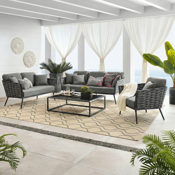 Belly Outdoor Garden Balcony Sofa Set 3 Seater,2 seater and Single Seater With 1 Table Set, Braid & Rope (Grey)