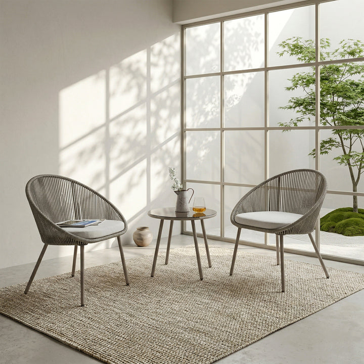 Soma Outdoor Patio Seating Set 2 Chairs and 1 Table Set (Grey) Braided & Rope