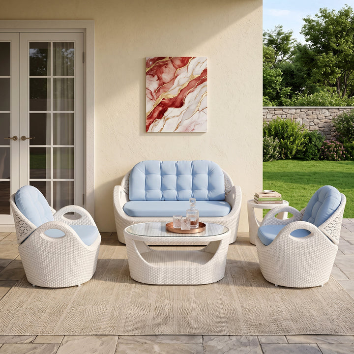 Arana Outdoor Sofa Set 2 Seater, 2 Single seater, 1 Side table and 1 Center Table (White)