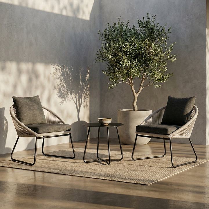 Neva Outdoor Patio Seating Set 2 Chairs and 1 Table Set (Grey) Braided & Rope