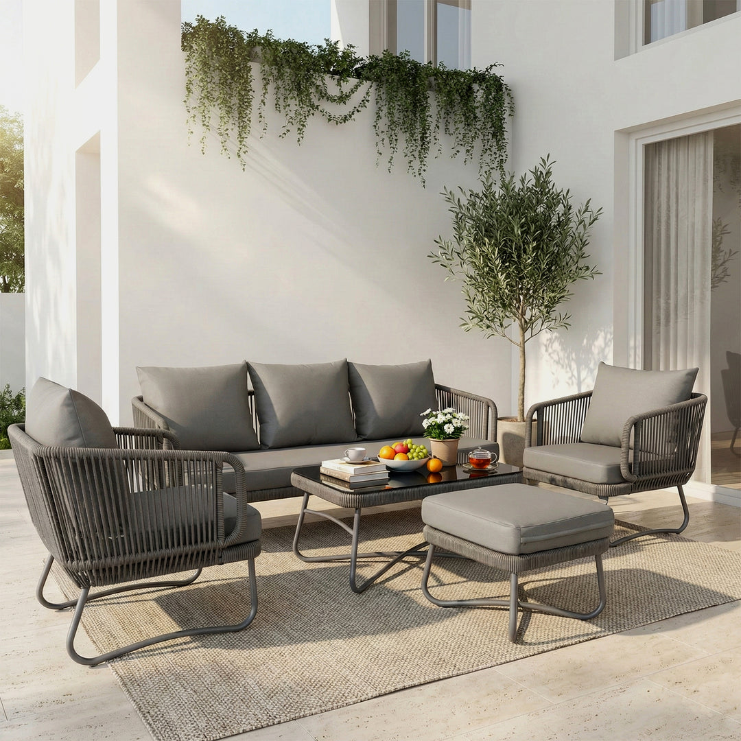 Castolo Outdoor Garden Balcony Sofa Set 3 Seater, 2 Single Seater 1 Ottoman and 1 Center Table Set Braid & Rope (Grey)