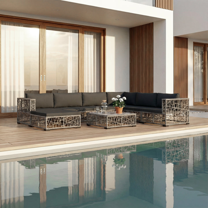 Myca Outdoor Garden Balcony Sofa Set 6 Seater with 1 Ottoman and 1 Center Table Set (Grey)