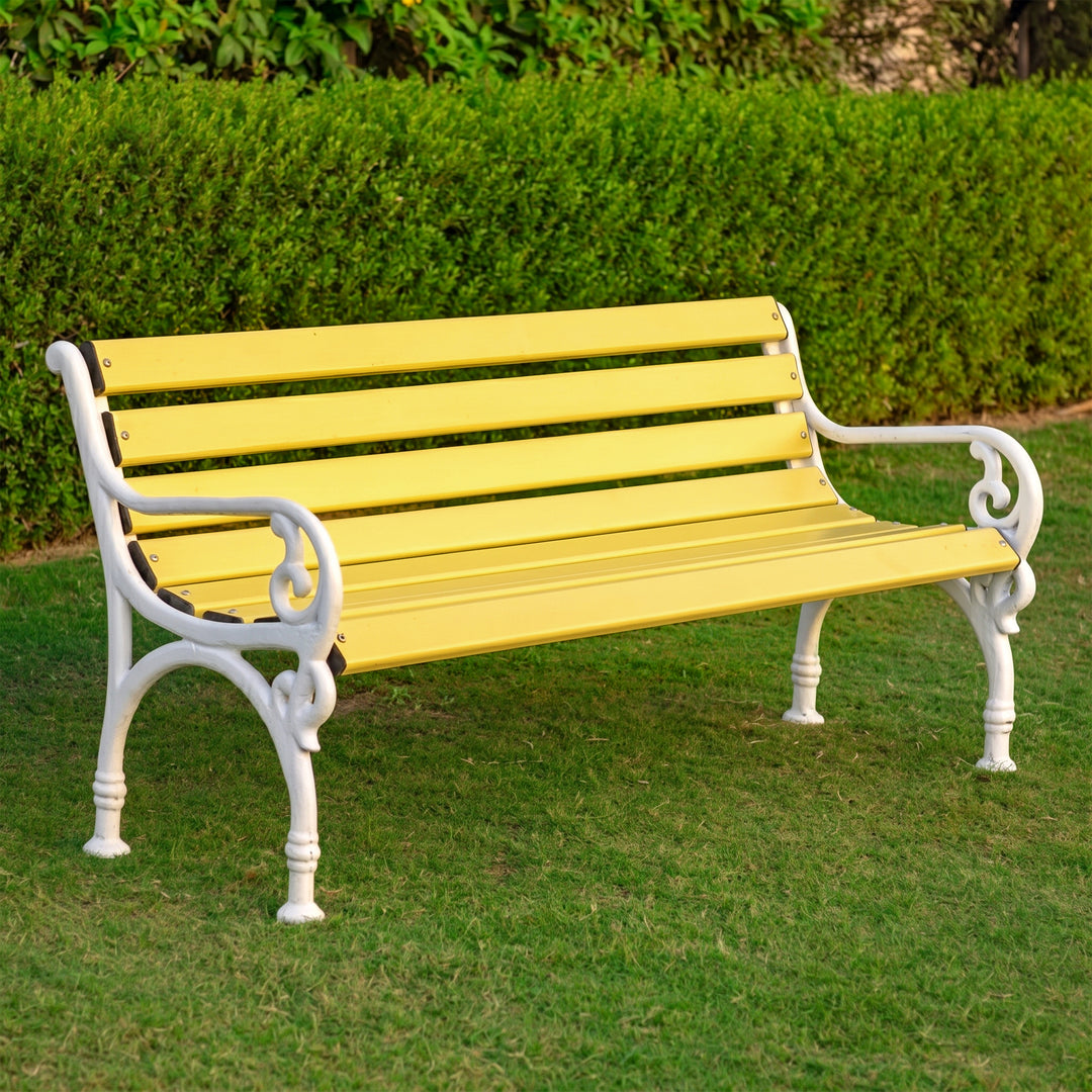 Trefor Cast Iron 3 Seater FRP Garden Bench for Outdoor Park - (White + Yellow)
