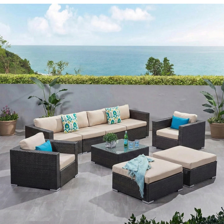 Mimi Outdoor Garden Balcony Sofa Set  3 Seater , 2 Seater ,2 Single Seater and 1 Center Table With 1 Side Table and 1 Ottoman Set (Brown)