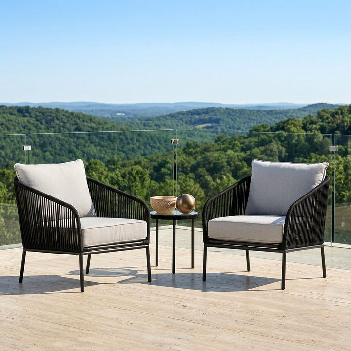Alwin Outdoor Patio Seating Set 2 Chairs and 1 Table Set (Black) Braided And Rope