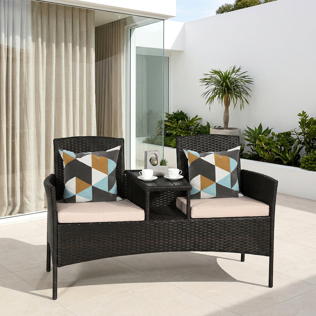 Dreamline Outdoor Furniture Garden Patio Seating Set of 2 Attached Chairs and Table Set Balcony Furniture Coffee Table Set(Black)