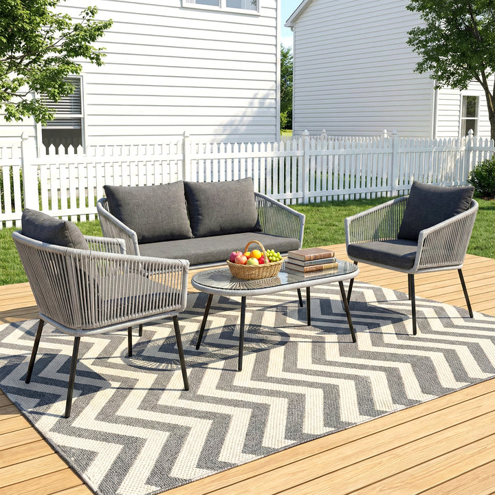 Jara Outdoor Garden Balcony Sofa Set 2 Seater , 2 Single Seater 1 Center Table Set (Grey) Braided and Rope