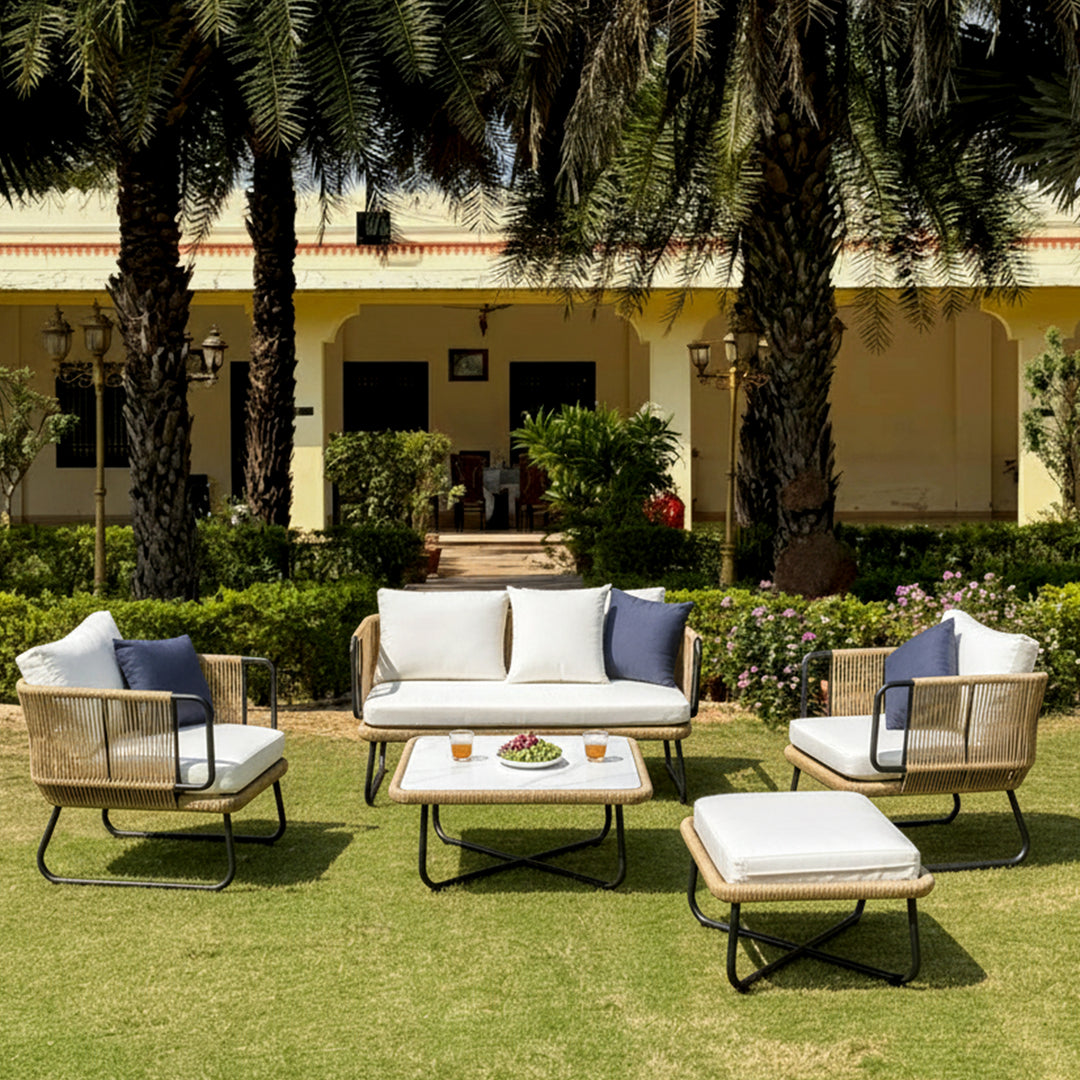 Elix Outdoor Sofa Set 2 Seater, 2 Single seater and 1 Center Table with ottoman (Tan) Braided & Rope