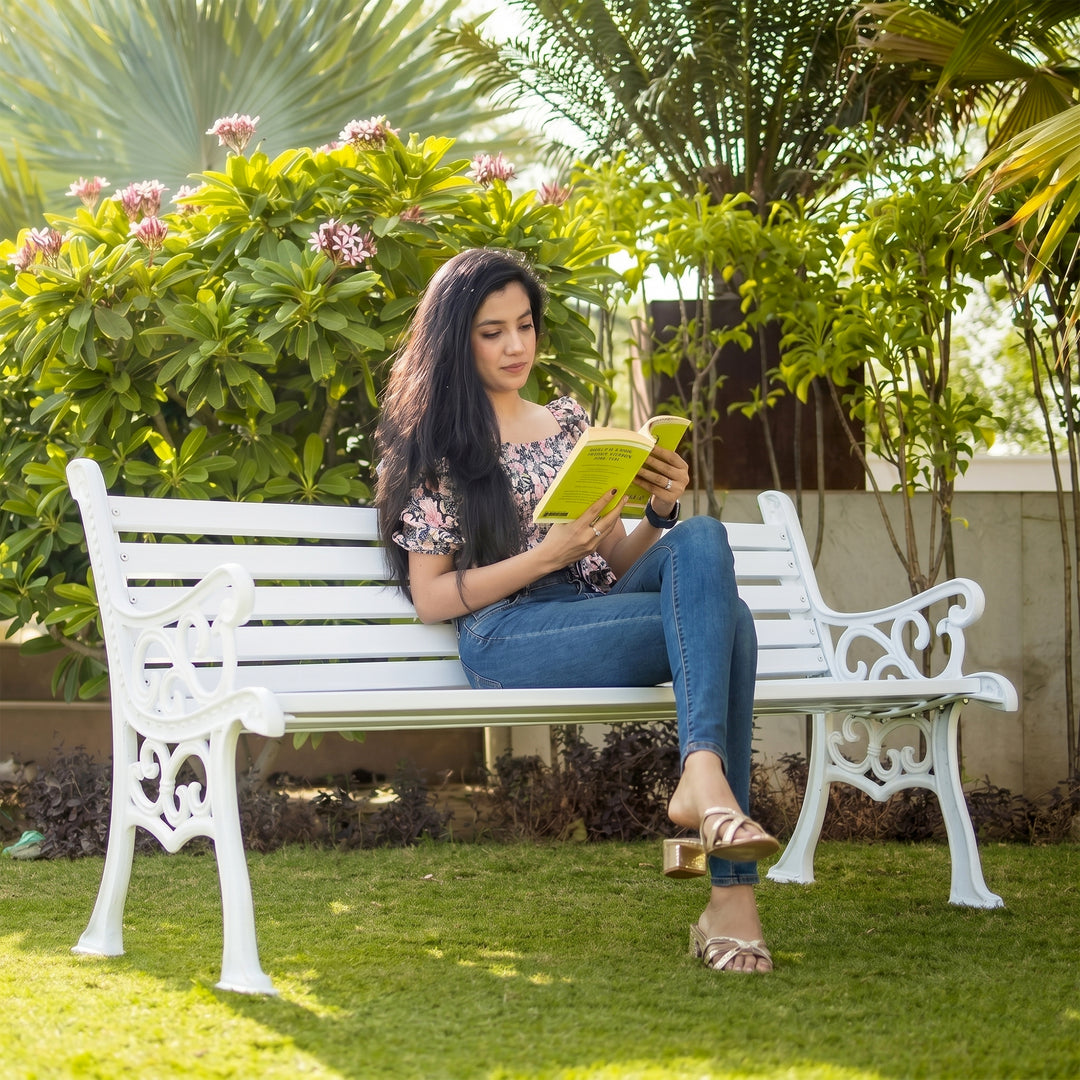 Kezia Cast Iron 3 Seater Garden Bench for Outdoor Park - (White)