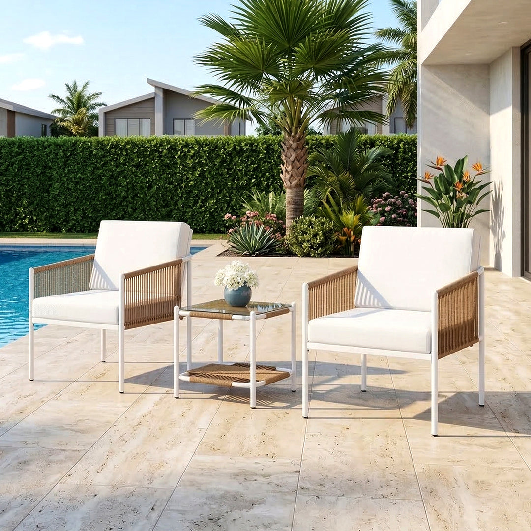 Oreva Outdoor Patio Seating Set 2 Chairs and 1 Table Set (Beige) Braided & Rope