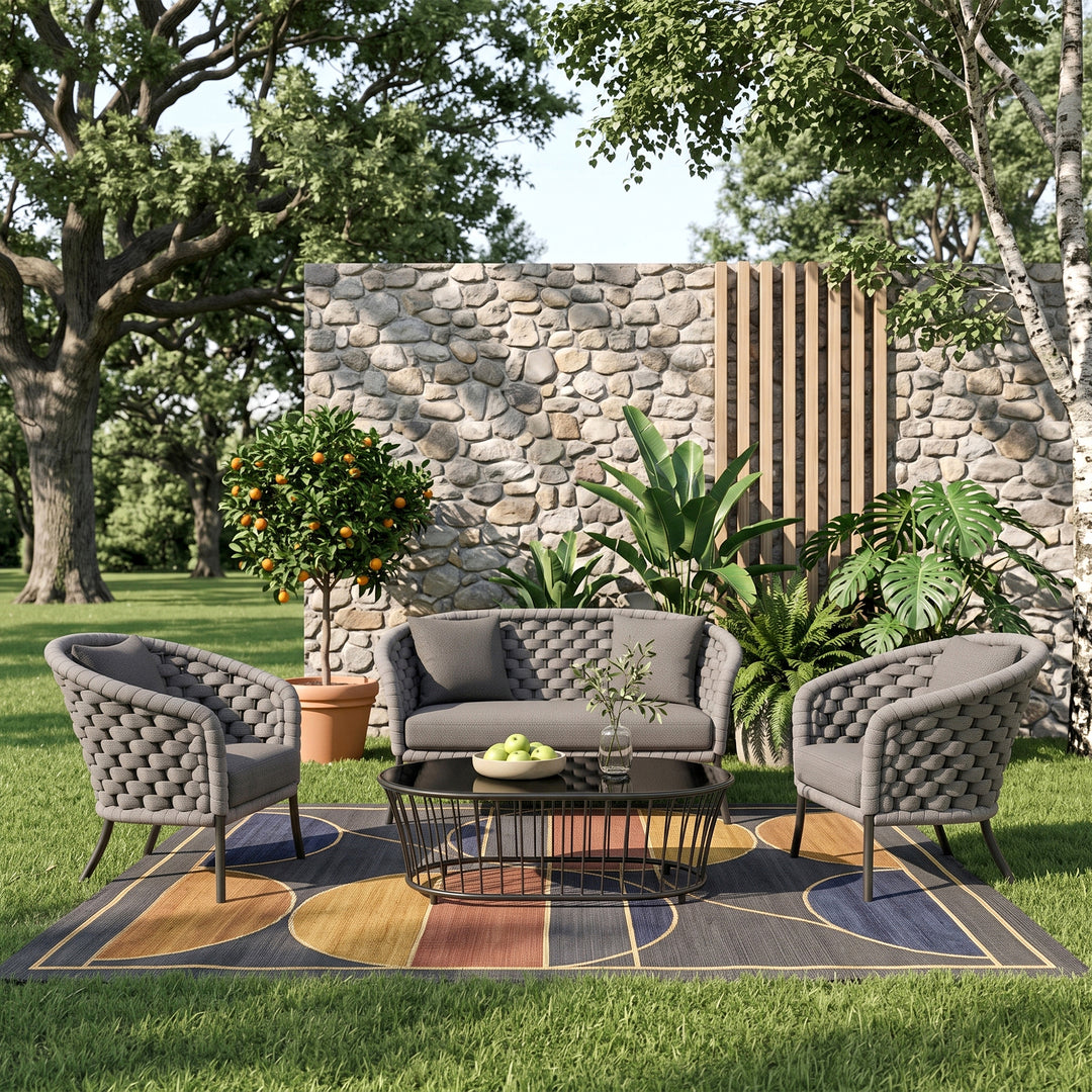 Aero Outdoor Garden Balcony Sofa Set 2 Seater , 2 Single Seater 1 Center Table Set (Grey) Braided and Rope